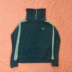 Under Armour Womens Funnel Neck Hoodie Teal Mesh Stripe Pullover Sweatshirt MD